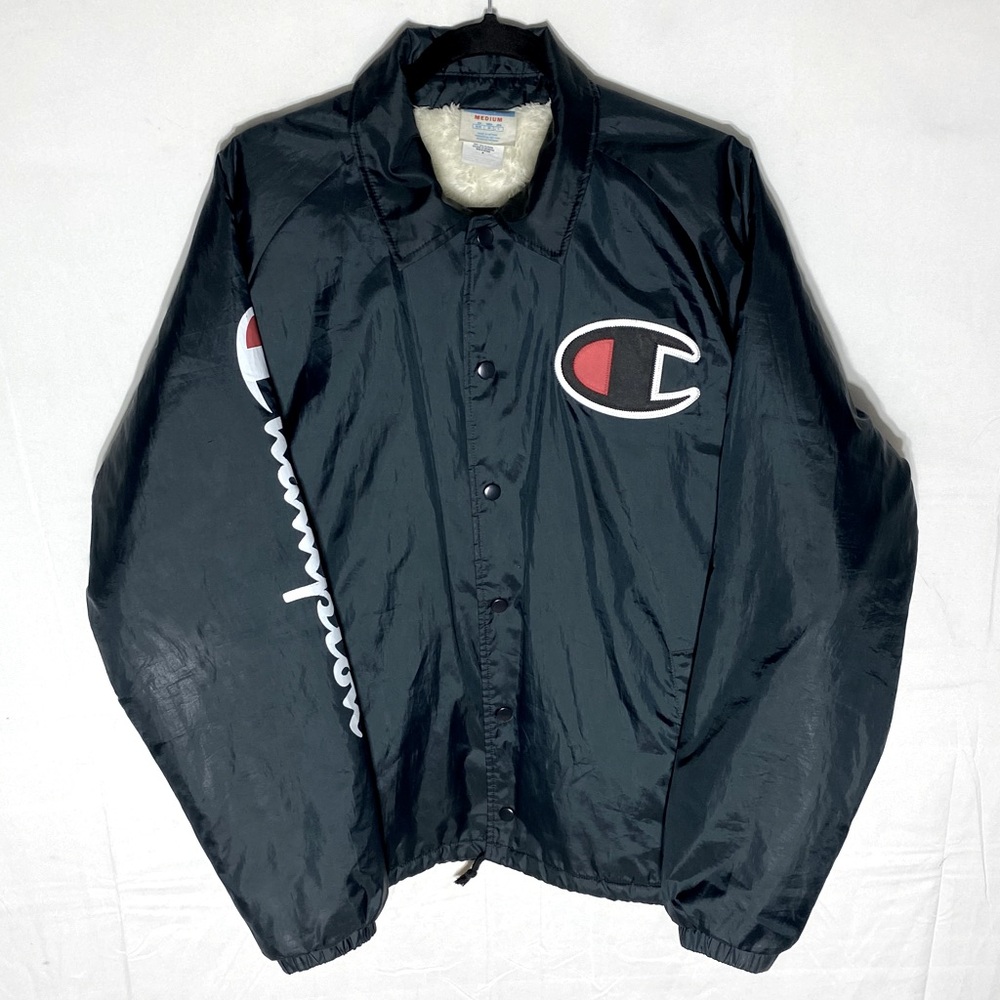 Champion Black Sherpa Lined Snap Front Windbreaker W Drawstring Waist M